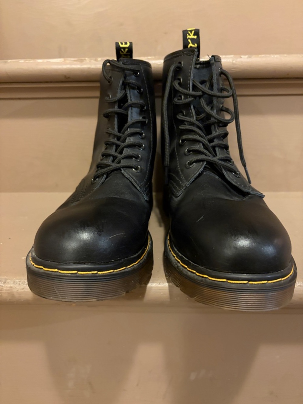 Black Doc Marten lookalike Lace-Up Leather Boots with Yellow Stitching